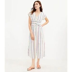 LOFT Striped Button Tie Waist Midi Dress – Size 6P (Petite)